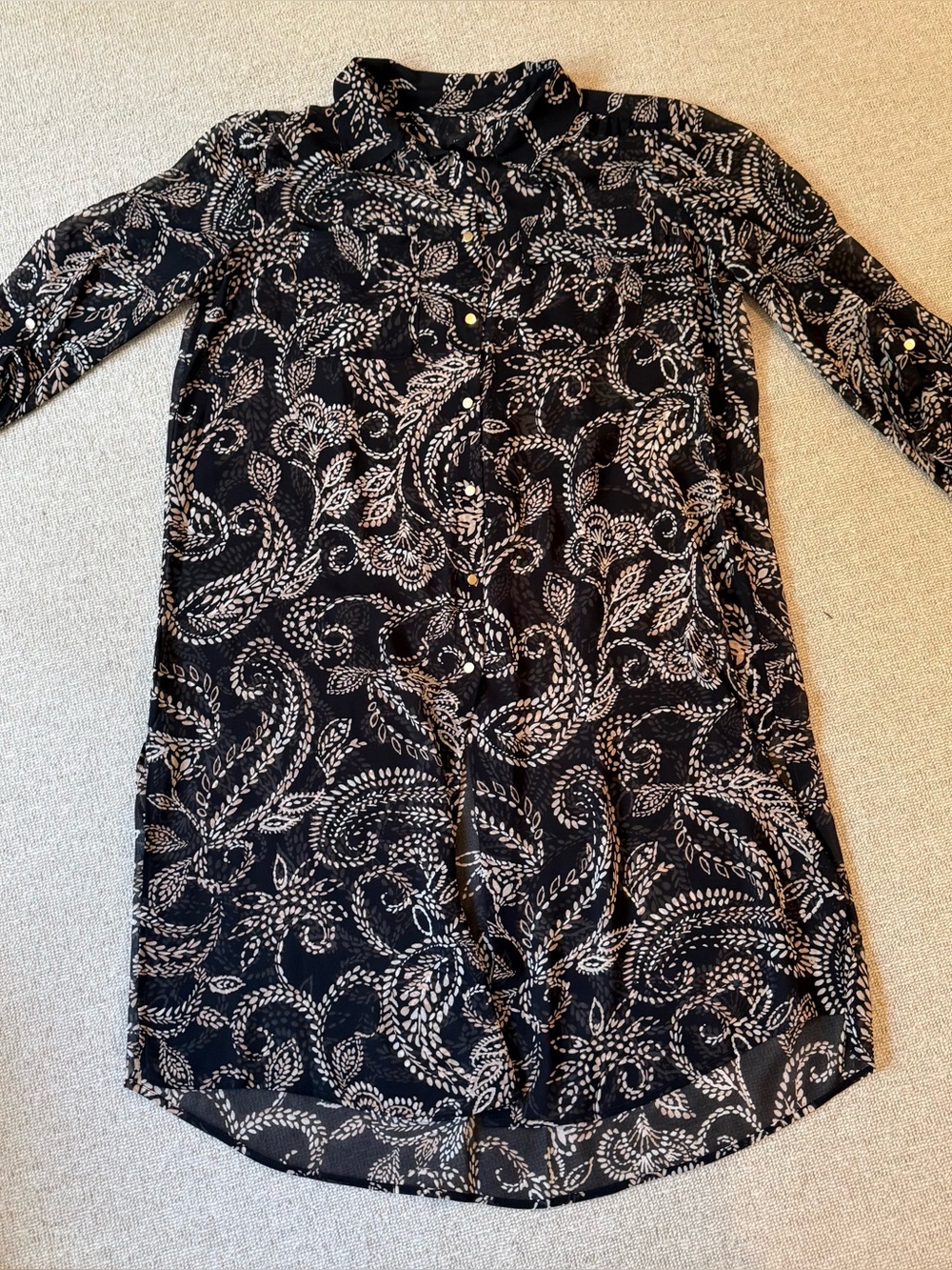 Women’s Black Paisley Button-Up Shirt - Classic Longline